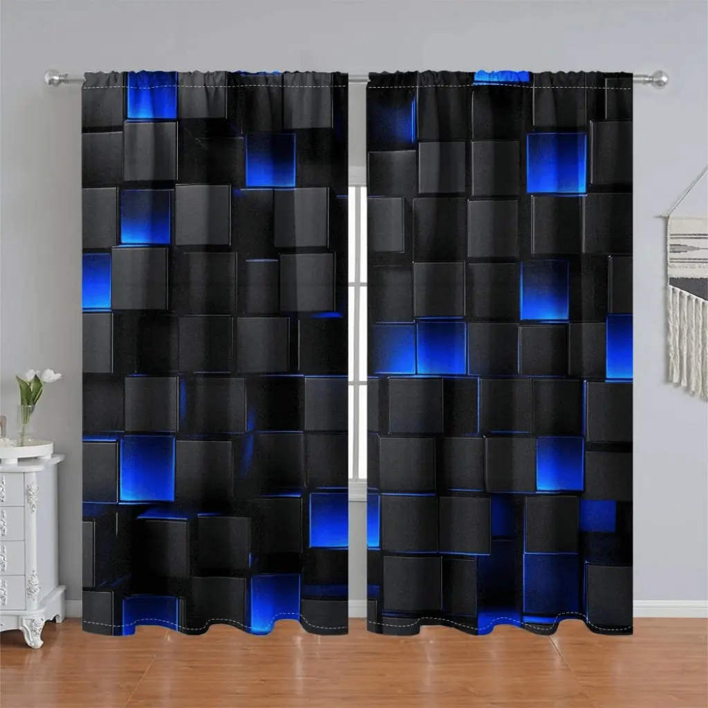 2Pcs Black Blue Abstract Cube Pattern Window Curtain Panels, Modern Geometric Style, Pole Pocket, Semi Sunshade, Home Decor for Living Room Bedroom Balcony Kitchen Study & Shower, Window Curtains, Window Accessory, Anti Privacy, Curtain Replacement