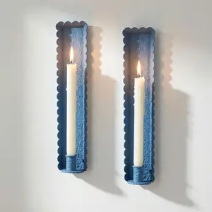 Set of 2 blue wall candle sconces, scalloped box-shaped cast iron rustic farmhouse taper candle holders, wall-mounted decor for living room and dining room