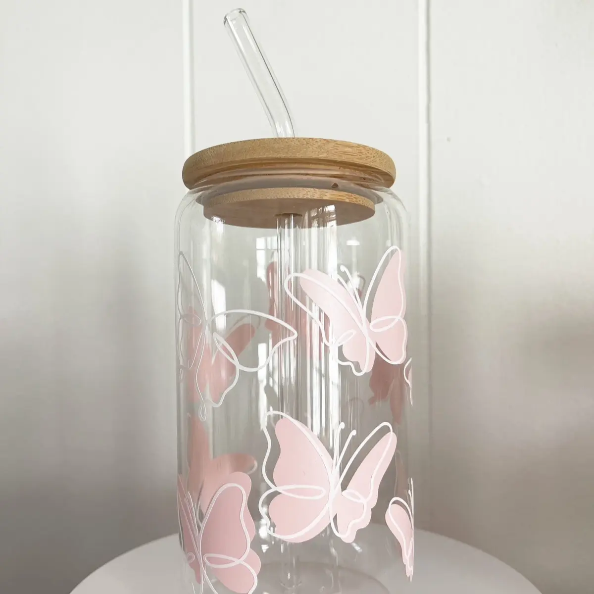 Tammy’s Butterfly Glass Can with bamboo lid and glass straw