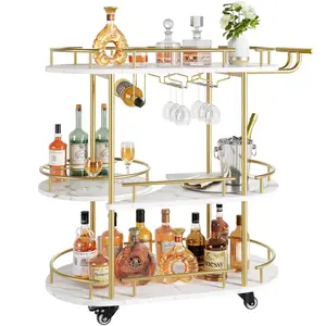 Garvee Gold Bar Cart with 4-Tier Storage Shelves, Mobile Bar Serving Cart on Wheels Featuring Wine Rack and Glass Holder for Kitchen, Living Room, and Dining Room Use
