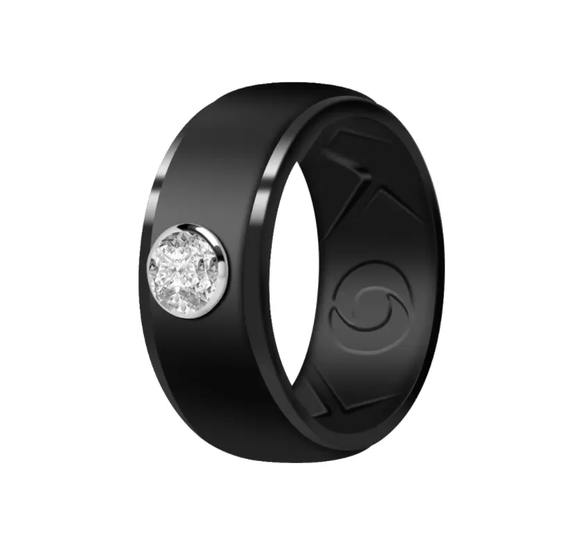 Male Gingham Classic Silicone Diamond Wedding Ring - 10mm Wide, 2.5mm Thick Silicone Band, Silver-Plated Rhinestones Engagement Ring with Airflow Groove, Breathable Grip for Everyday Wear