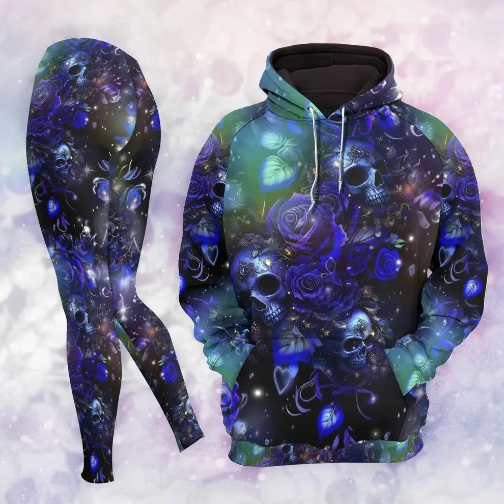 Glowing Skulls Rose Floral Hoodie And Leggings, Gothic Halloween Outfit, Aesthetic Autumn Graphic Outfit, Spooky Season Streetwear Tracksuit
