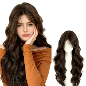 Lotfon Women's non adhesive synthetic wig, cool brown long curly style, simulated scalp on top for a natural and realistic look, lightweight and breathable, not stuffy in summer, suitable for cosplay and daily wear