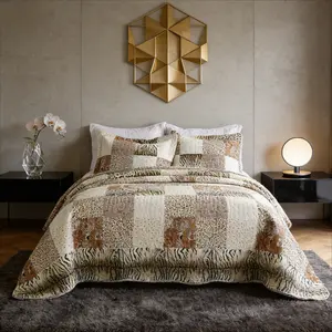 3 Piece Animal Print Bedspread Leopard Zebra Cheetah Printed Quilt Set Jungle Rustic Cabin Theme Bedding Brown/Beige Queen Size Coverlet for All Season