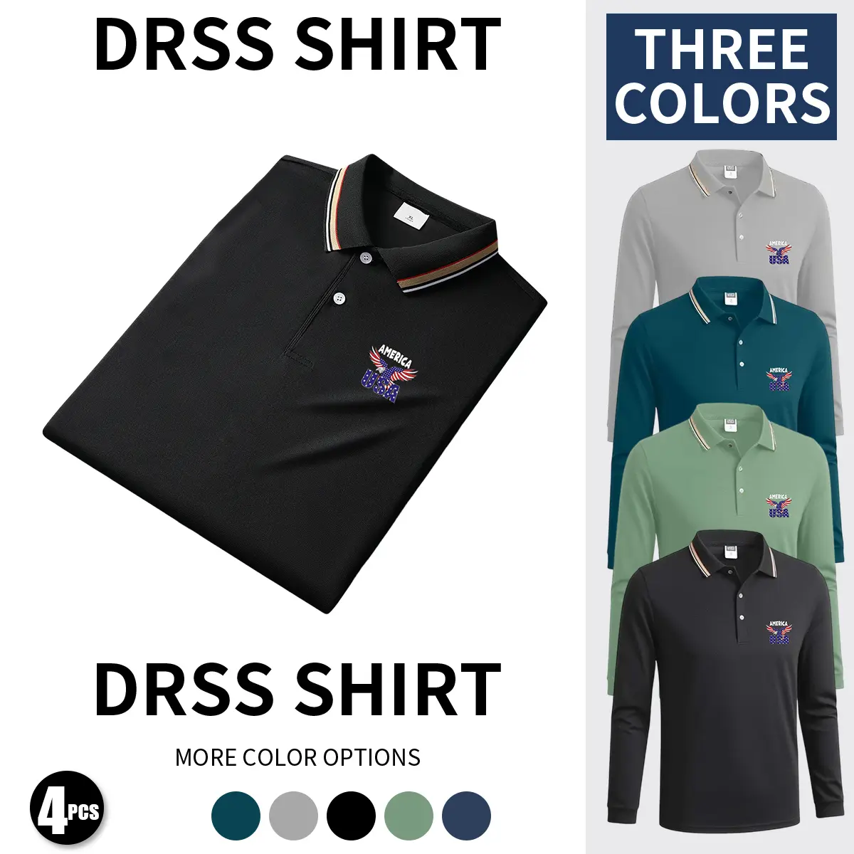 Men's 4-Pack Long-Sleeve Buttoned Printed Polo Shirts - Preppy Retro Printed Decor Basic Loose-Fit Tops for Streetwear, Everyday Wear, Dry Clean Compatible, Dark Blue + Bean Green + Gray + Black, All Over Print