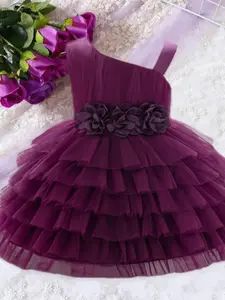 Girl's Plain Floral Appliques Tiered Layer Mesh Dress, Elegant Asymmetrical Neck Sleeveless Fit & Flare Dress for Party Wedding Guest, Kids Clothes for All Seasons