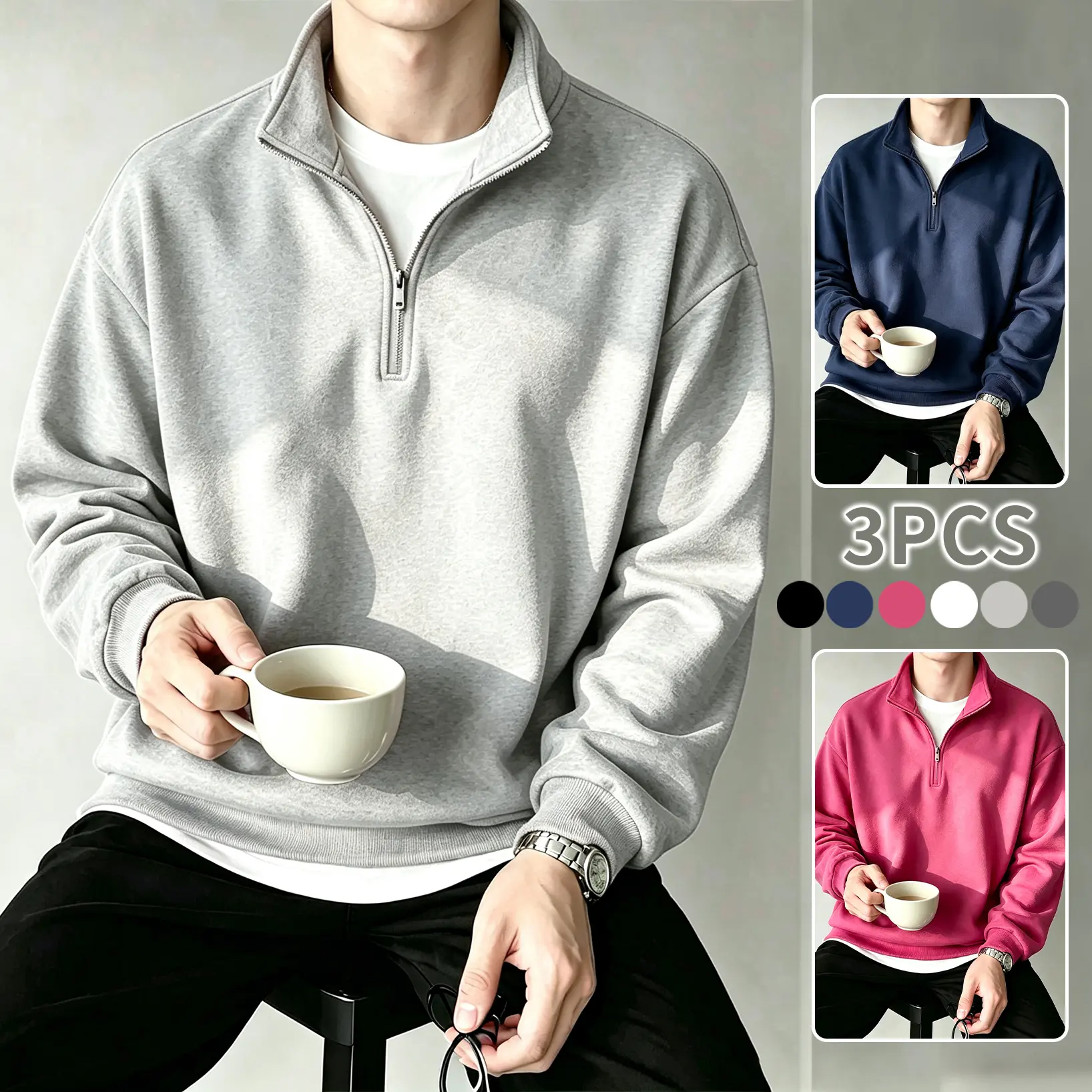 3 Pack Men's Quarter-Zip Sweatshirts, Minimalist Loose-fit Solid Pullovers, Soft Long Sleeve Casual Menswear, Ideal Gift for Gym & Daily Wear