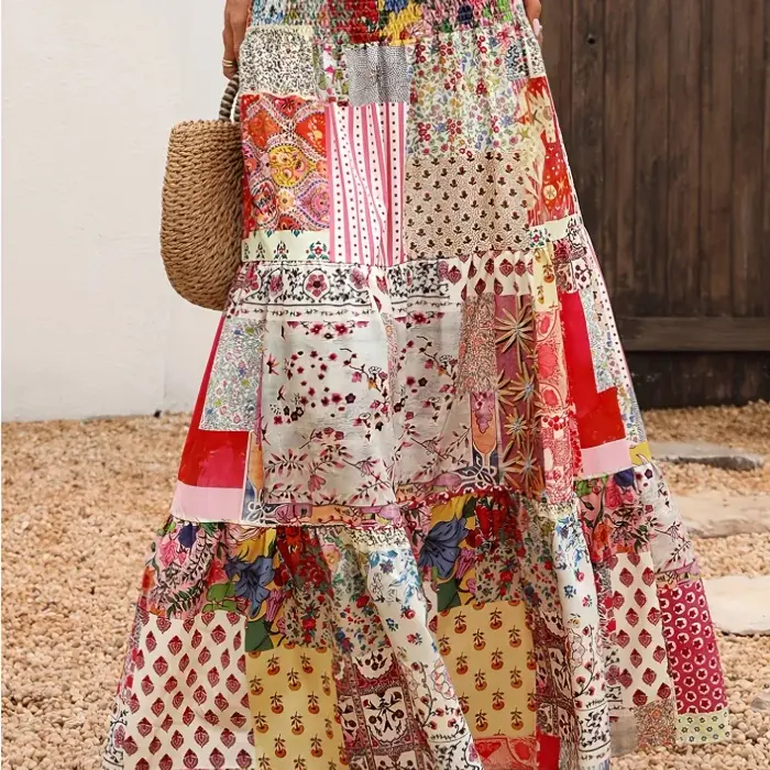 Women's Fitted Vintage Chic Comfortable Breathable Stretchy Cowboy Fabric Smocked Crop Mid-Waisted Colorful Floral Patchwork Ruffle Tiered Maxi Skirt - Flowy Bottom for Beach, Skirts for Women, Boho Clothes