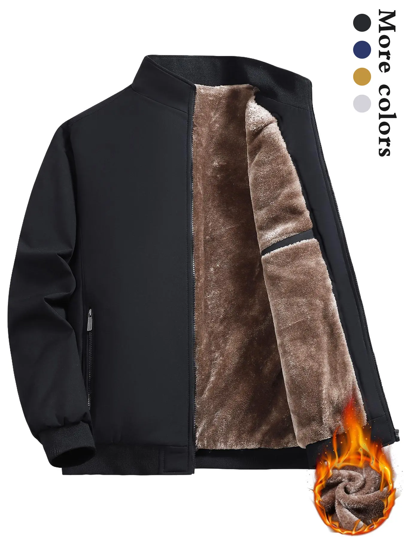 Men's Thickened Snug-Fit Windproof Plain Stretchy Thermal-Lined Fleece Coat - Small, Zipper-Front, Layer-Friendly, Pocketed, Hemmed, Elastic, Daily Casual Outdoor Wear for Fall Winter