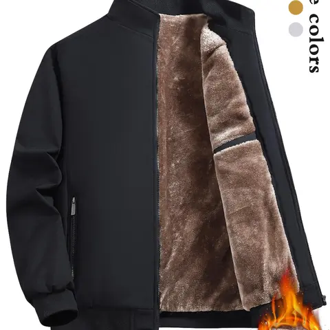 Men's Thick Snug-Fit Windproof Plain Stretchy Thermal-Lined Fleece Jacket - Small, Zip-Front, Layer-Friendly, Pocketed, Hemmed, Elastic Cuffs, Daily Casual Outdoor Fall-Winter Wear