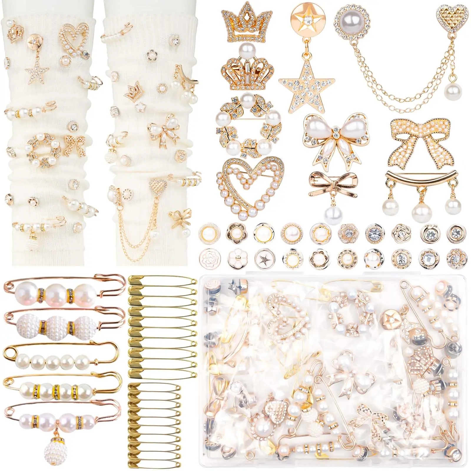 Women's Basic Shoe Decoration Charms Kit - 60 Pcs Pearl-Rhinestone Bedazzling Set with 20 Safety Pins, Brooches, No Glue Required, Reusable, Customizable, Waste-Reducing, Great for Female DIY Nights, Daily Upcycling, Gifting