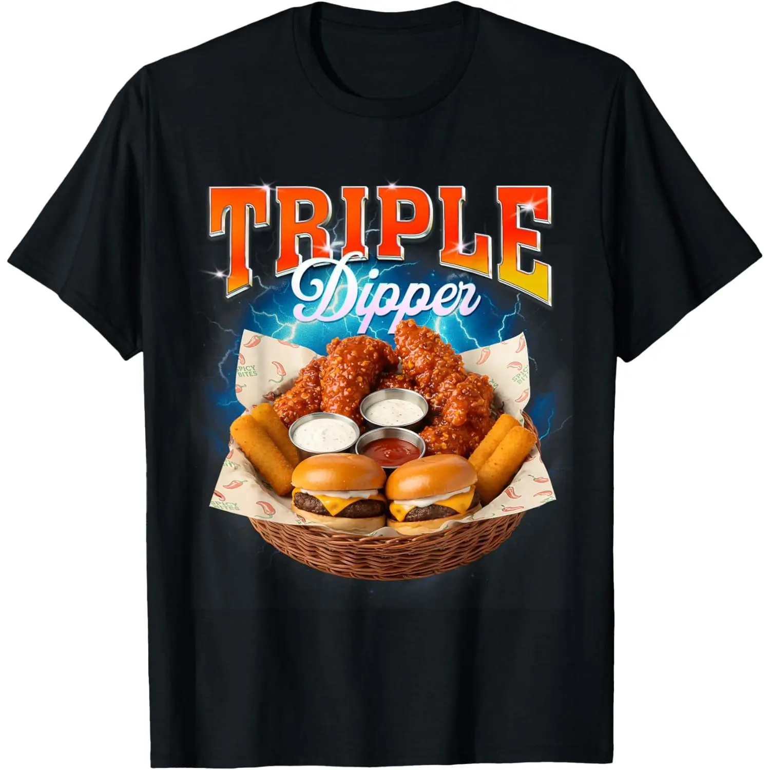 Fast Food Hamburger Chicken Nugget Themed Short-Sleeve Round Neck Streetwear Top, Triple Dipper Foodie Sports Shirt