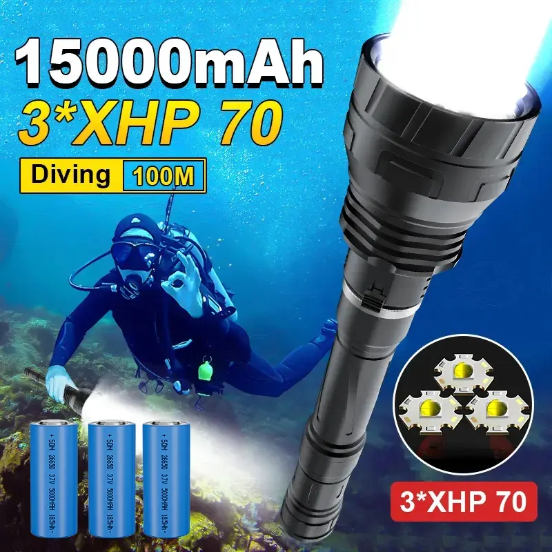 3*XHP70LED super bright diving flashlight, IPX8 professional 100M underwater operation flashlight, 1500mAh rechargeable high-power scuba lamp, Diving Gear