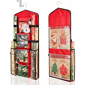 Hanging Wrapping Paper Storage Organizer, Double-Sided Gift Wrap Holder, 360° Rotating Gift Bag Storage Organizer for Your craft, Accessories, Gift Warp Supply, Wrap Ribbon and Stationery (Red)