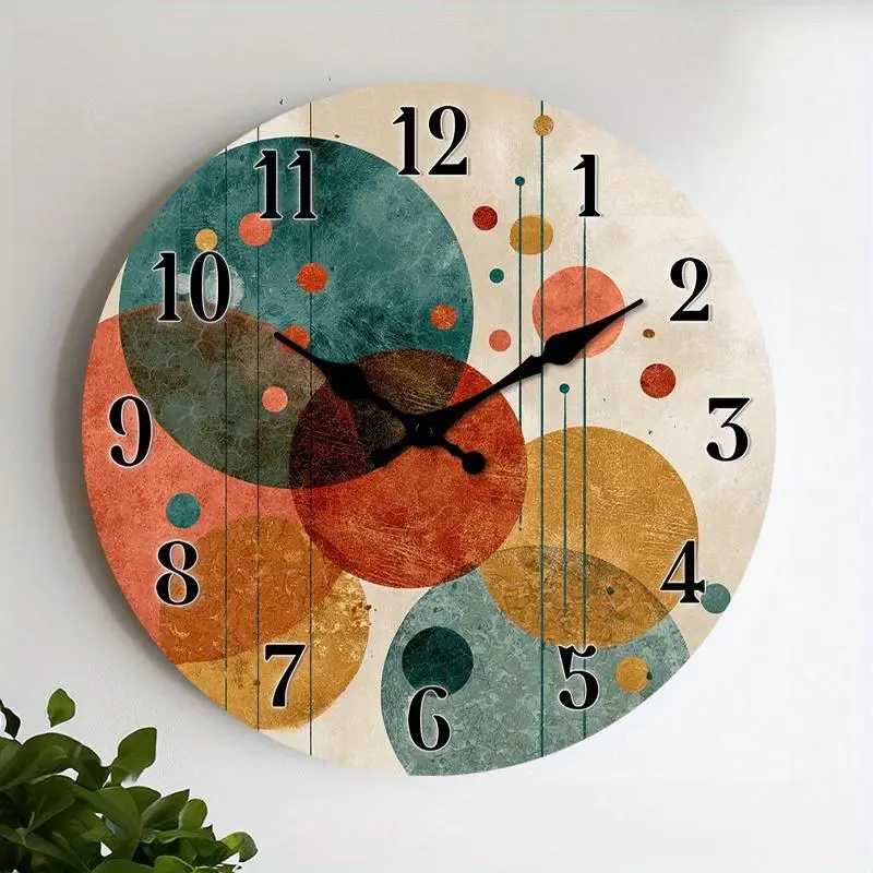 [Art Style Timepiece] Modern Wooden Wall Clock 1pc - Abstract Geometric Circles Design, Non-Ticking, Battery Operated (AA Not Included), 10/12/14/16 Inch for Kitchen, Home Office, Library, Hallway, Apartment, Durable Wood Construction 12x12inch
