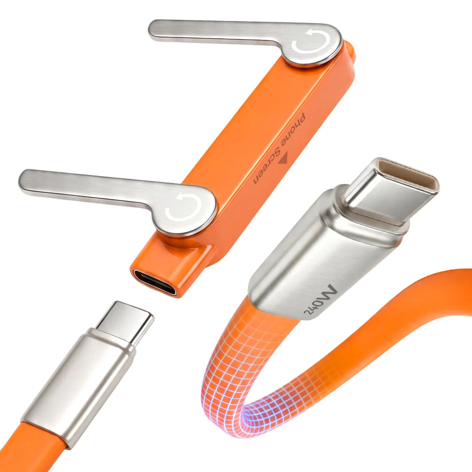 240W Orange USB-C to USB-C Cable with Phone Stand Feature for Fast Charging and Data Transfer