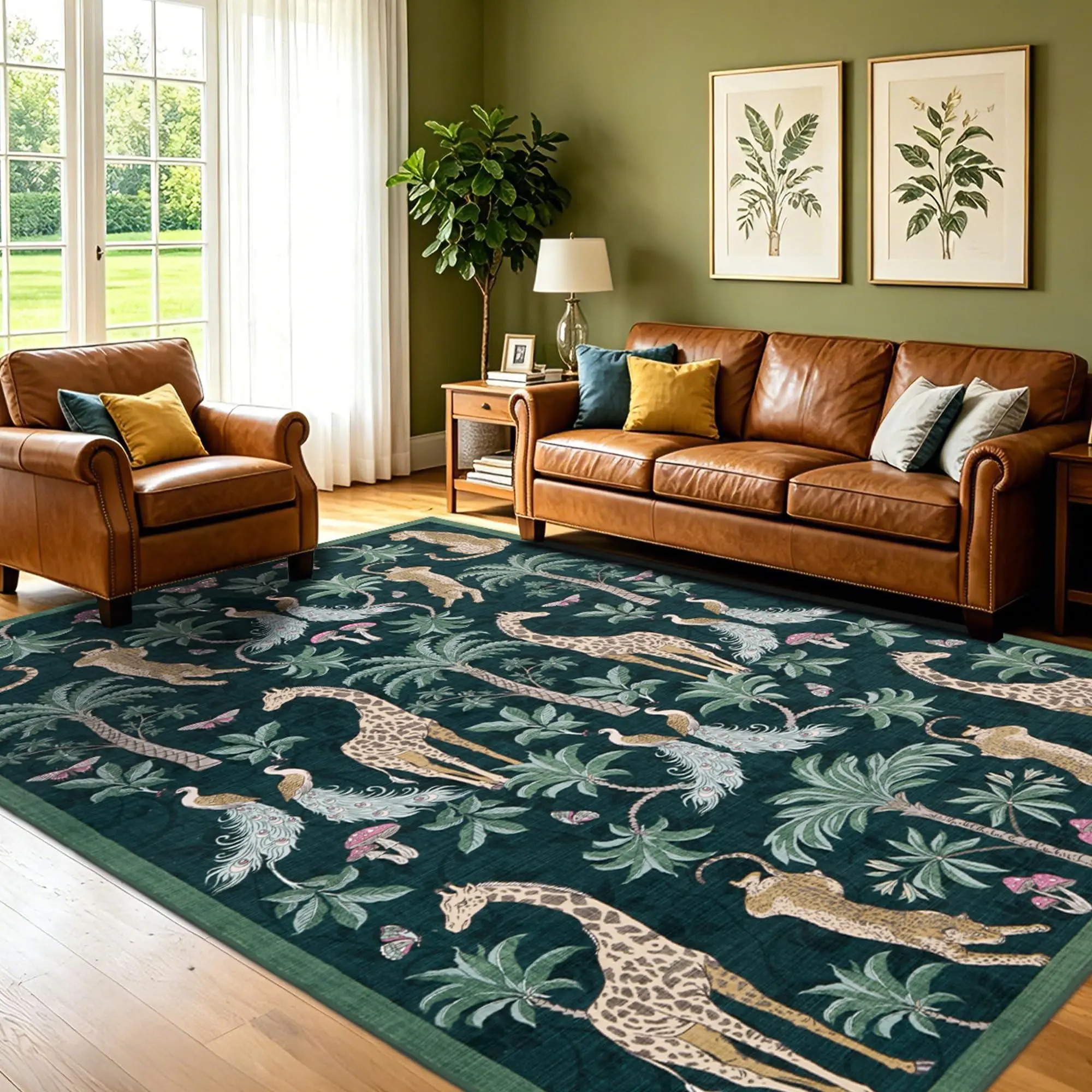 Garvee 5x7 Jungle Animal Area Rug Dark Green, Low Pile Washable Rug | Non Slip & Soft Mat Print Indoor Carpet/Kids & Pet Friendly/Rug for Living Room, Bedroom, Dining Room, Playroom, Office