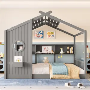 Bellemave Montessori House-Shape Solid Wood Floor Bed - Low Profile, Standard Full Size, Pitched Roof, Built-in Slats, Storage Organizer Shelf, No Box Spring Needed, for Teens, Small Bedrooms