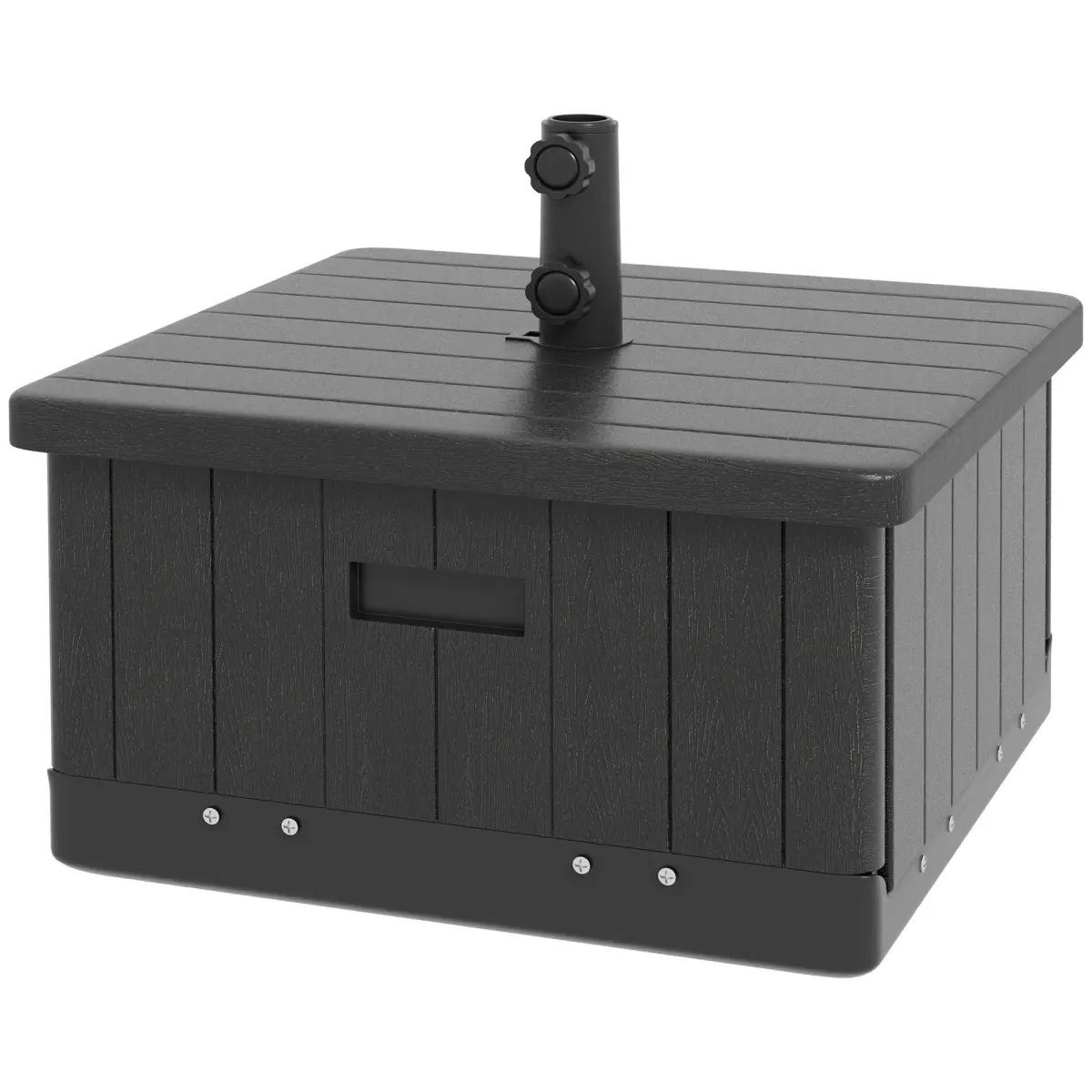 Outsunny 3-in-1 Rustic Look Outdoor Umbrella Stand with Wheels, Rolling Base, Handles, End Table, Hole-Equipped Flower Box Planter, 175lb Capacity, Black (212 Main 84D-285V00BK), Square Shape