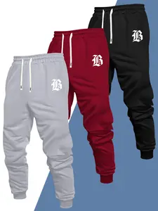 Men's 3-piece set of ribbed jogger pants, regular fit, casual sports style, solid color basic lounge pants with an elastic waistband, drawstring, and pockets, perfect for outdoor activities, commuting, streetwear, suitable for spring, summer, autumn, and