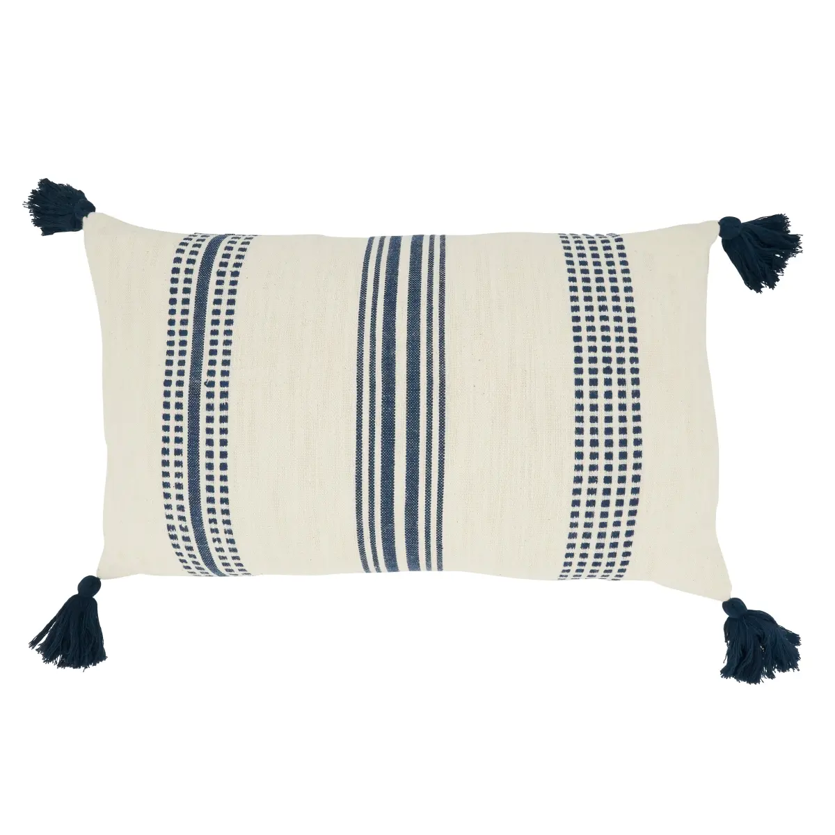 Saro Lifestyle 5120.NB1220BP Oblong Shape Poly Filled Throw Pillow - 12x20 in., Playful Look Stripe Pattern, Navy Blue with Tassel Accents