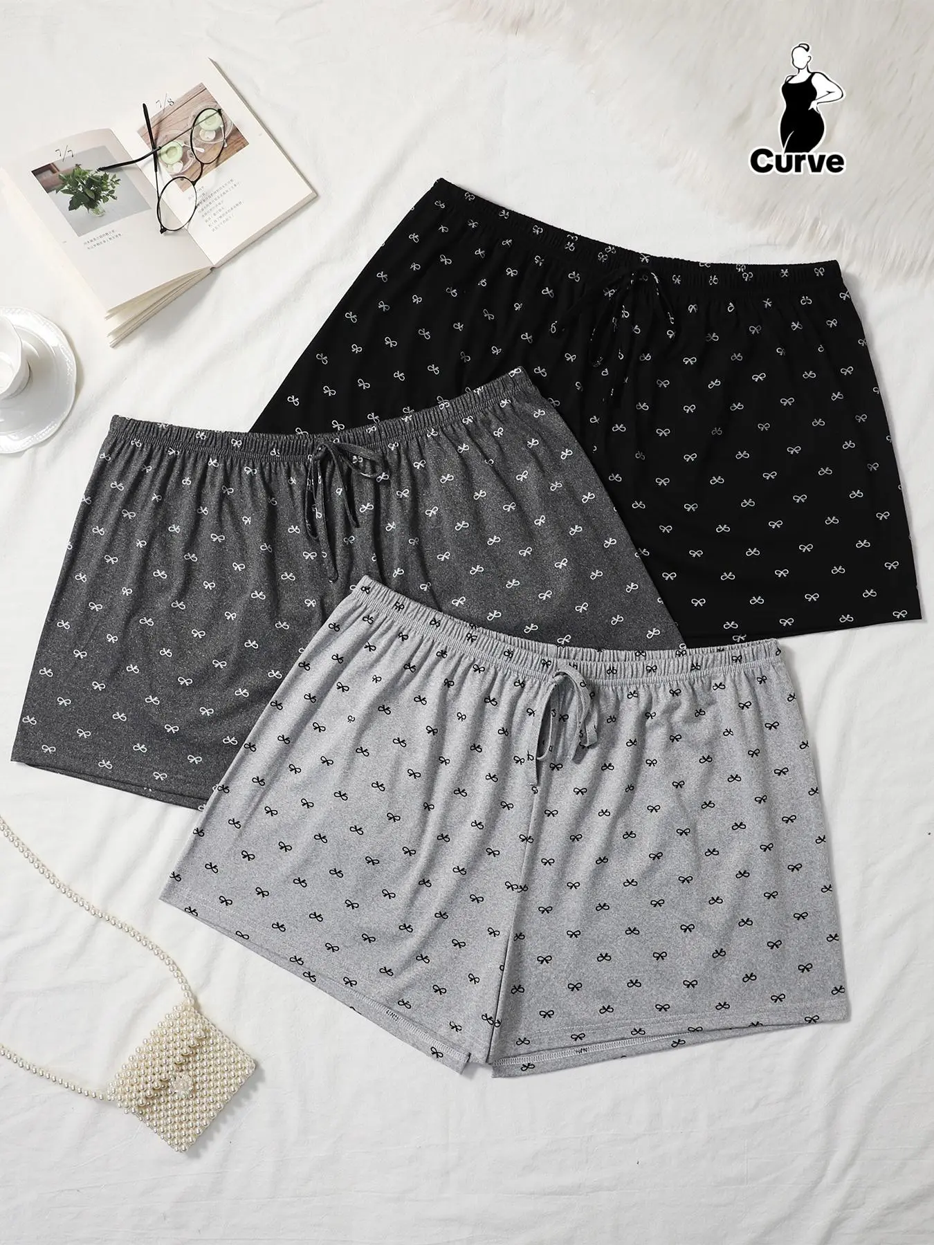 [Plus Size] All-Over Bow Print Knitted Pajamas Shorts, Casual Comfy Loose-Fit Sleep Shorts for Women, All-Season Sleepwear, Loungewear, Homewear, Pjs, Ladies Loungewear