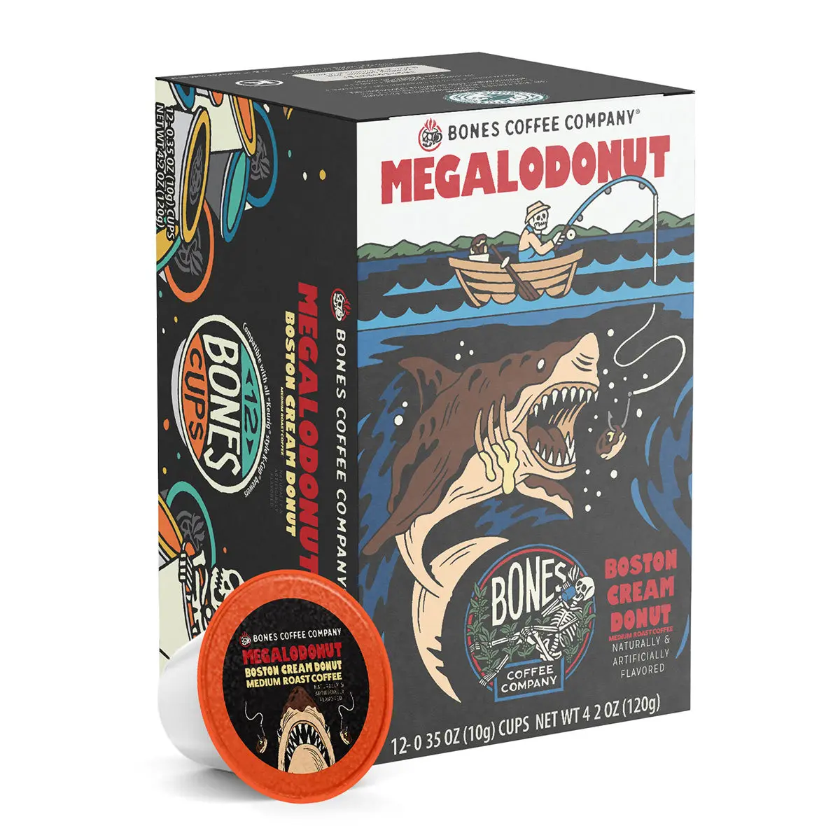 Bones Coffee Company | Megalodonut Boston Cream Donut Flavored Coffee Pods 12 Count Medium Roast Keurig Compatible