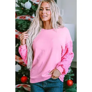Pink Sequin Patchwork Long Sleeve Pullover Top