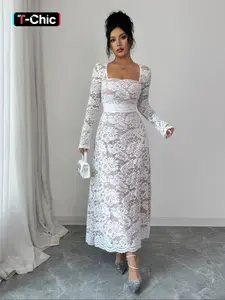 Fashion Elegant Square Neck Lace Long Sleeve Fitted Dress, Fall Plain Design, Contrast Lace, Long Dress, Evening Party Dresses, Women's Clothing