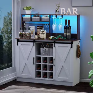 Coffee Bar Cabinet,Adjustable Shelf and Wine Racks with 20-Color LED Lights and 6.5FT Outlet, Kitchen Buffet Storage Cabinet, 47'' Sideboard Buffet Cabinet with Sliding Barn Door airing  cupboard Farmhouse Rustic