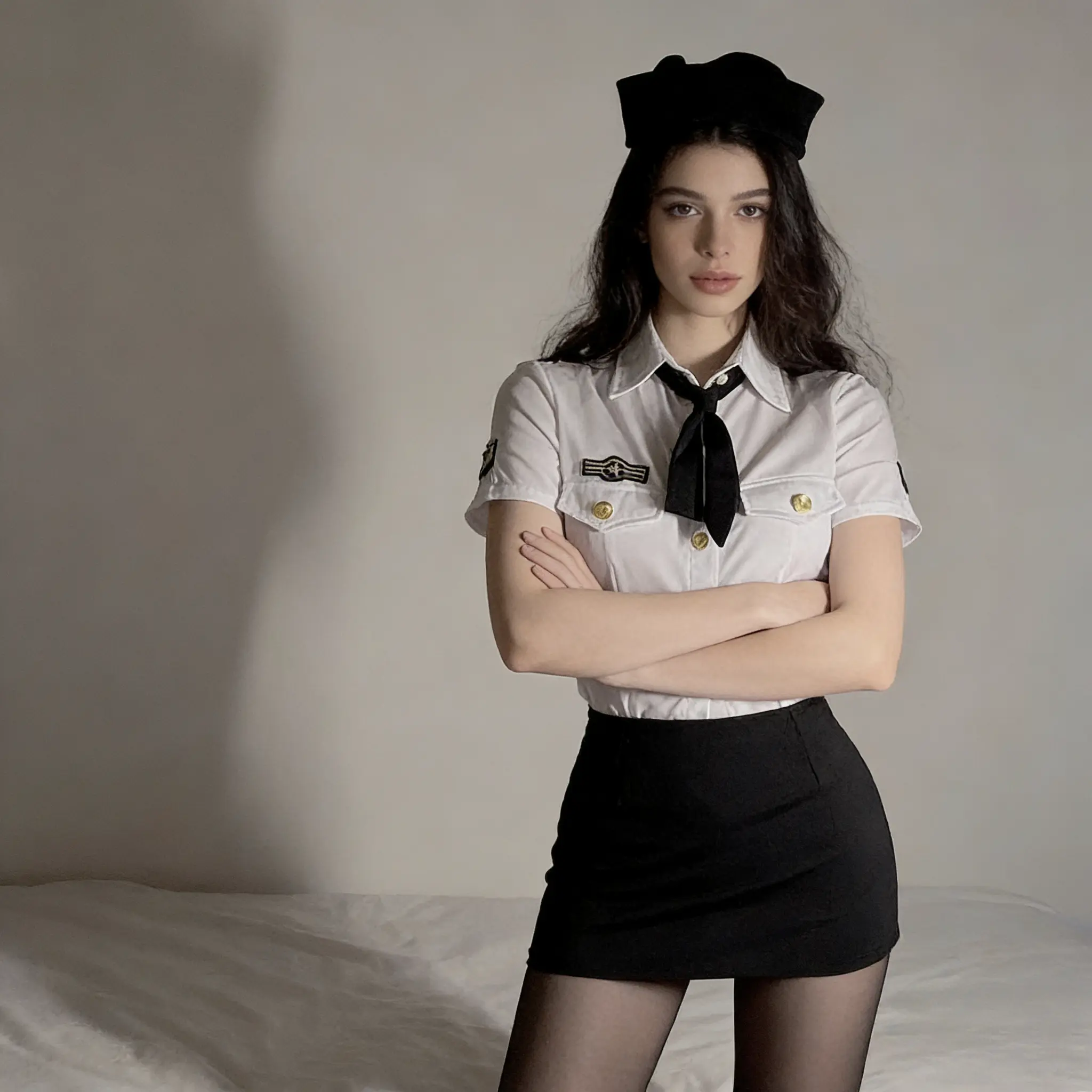 Women's 2-Piece Pilot Cosplay Outfit - Collared Neck Polyester Shirt with Gold-Tone Buttons, Black Fitted Button-Front Skirt Set, Sexy Costumes with Gold-Tone Elegance, Womenswear Shirt + Skirt Ensemble Clothes Dress