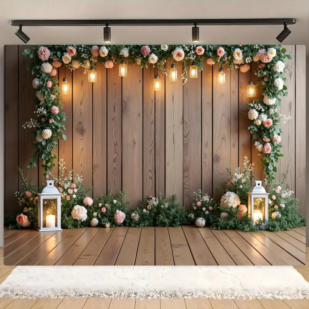 Wooden Flower Pattern Wedding Banner, 1 Count Romantic  Wedding Backdrop, Decorative Backdrop for Wedding Birthday Party