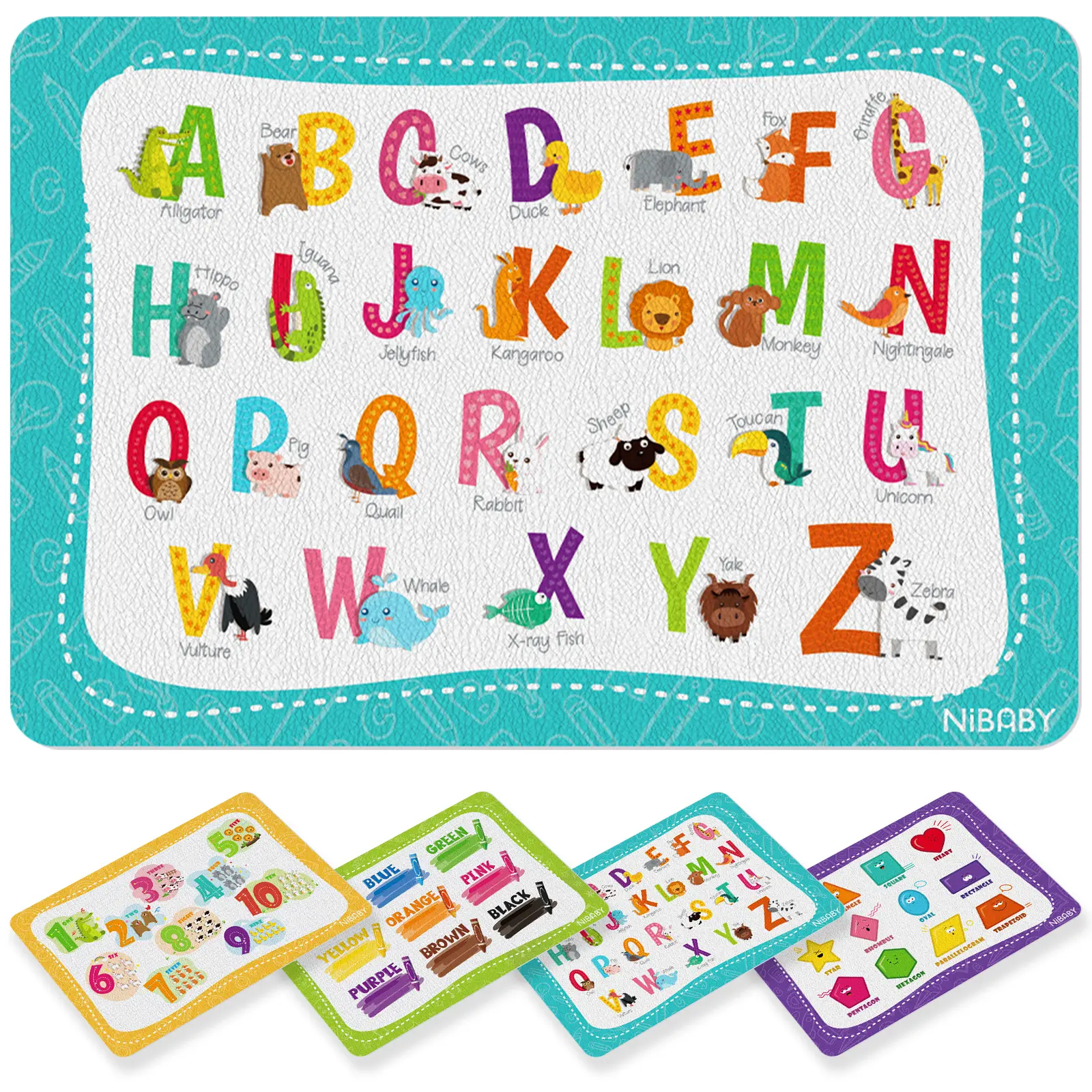 Kids' Non Slip Educational Placemats Set of 4 Washable, Children's Interactive Placemats Foldable, Toddler Placemats for Learning Alphabet, Numbers, Shapes, Colors- Durable Reusable PU Leather