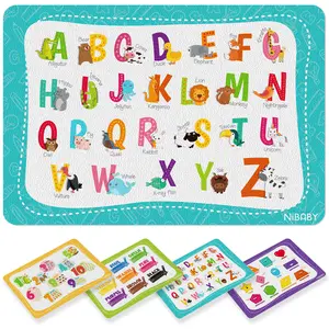 Kids' Non Slip Educational Placemats Set of 4 Washable, Children's Interactive Placemats Foldable, Toddler Placemats for Learning Alphabet, Numbers, Shapes, Colors- Durable Reusable PU Leather