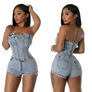 Woman's Two Piece Denim Set - Strapless Top & Shorts with Frayed Hem & Pockets