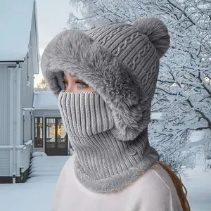 Windproof Cap Outdoor Hat Striped Knit Pom Pom Beanie and Scarf Set with Matching Face Mask, Soft Acrylic Blend Winter Accessories for Women