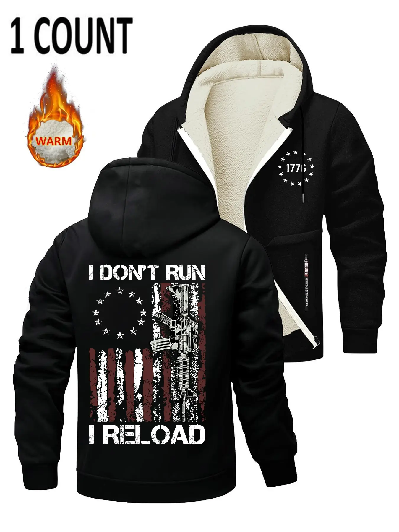Men's Casual Fitted Letter Print Hooded Zipper Jacket, Thickened Fleece Lined Coat, Long Sleeve, Fall & Winter Fashion Outerwear, casual hoodie jacket, Menswear