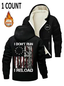 Men's Casual Fitted Letter Print Hooded Zipper Jacket, Thickened Fleece Lined Coat, Long Sleeve, Fall & Winter Fashion Outerwear