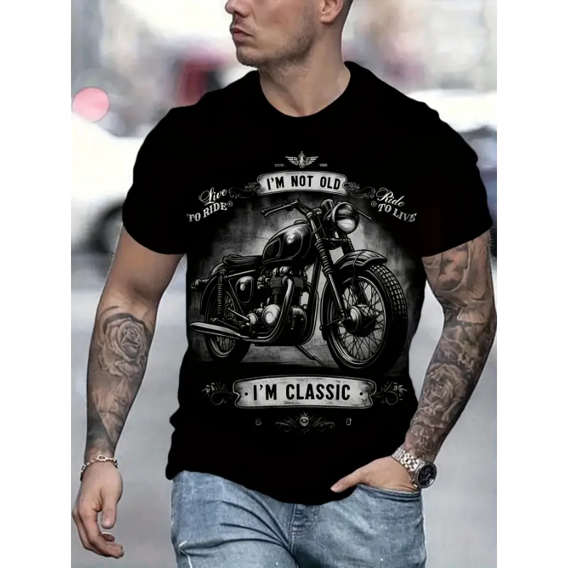 Men's Streetwear T-Shirt with Retro Motorcycle Graphic, 180g Lightweight Combed Cotton, Unisex Boxy Fit Casual Top, Tshirt