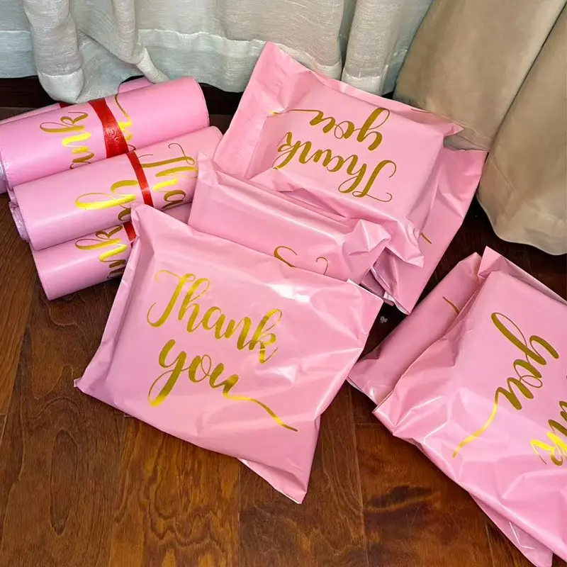 100pcs Peach Gold Thank You Letter Print Polyester Envelope Bags, Waterproof Self-Adhesive, Durable, Ideal for Gifts and Packages, Self Adhesive Envelopes