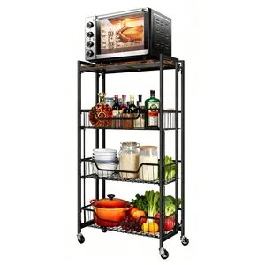 Garvee Expandable 4-Tier Wooden Folding Kitchen Storage Rack – Heavy Duty Mobile Utility Shelf with Lockable Wheels, Removable Shelves, Pre-Assembled Space-Saving Organizer Cart for Pantry, Garage, Bathroom