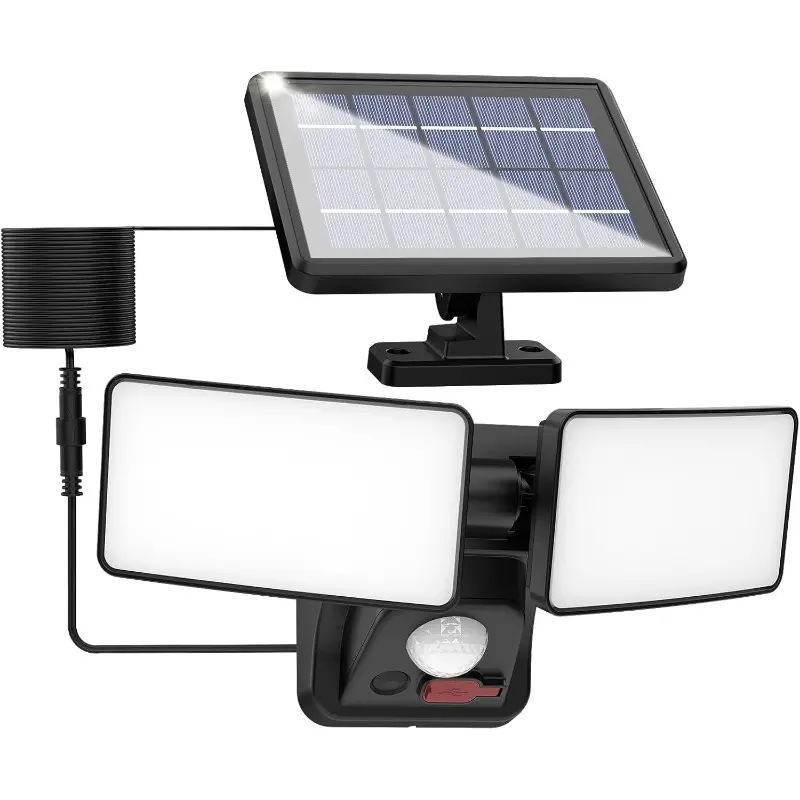Solar Security Light with USB Power for Cams Detachable Solar Panel 15ft Cord 6500K Motion Activated Outdoor Floodlight for Garage Porch