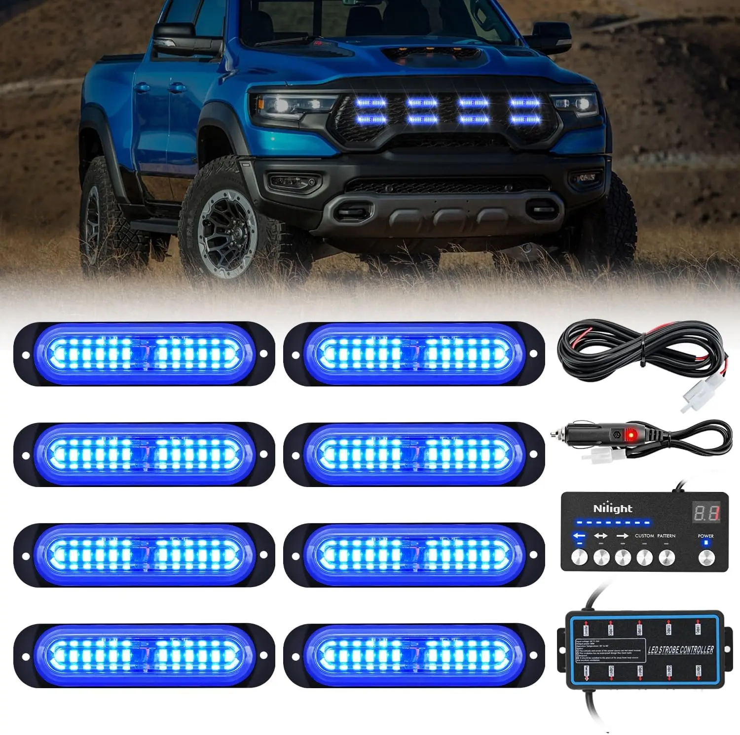 Nilight 8PCS 12-LED Strobe Light Kit, 12V-24V Sync Control, Surface Mount Design, Included Controller for Cars, Trucks, Campers, Hazard Alert Safety Flashing Lights