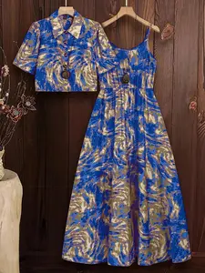 Women's All Over Print Collared Button Front Outerwear & Cami Dress Two-piece Set, Casual Fashion Two Piece Outfits for Daily Outdoor Wear, Ladies Clothes for Summer, Dresses For Summer