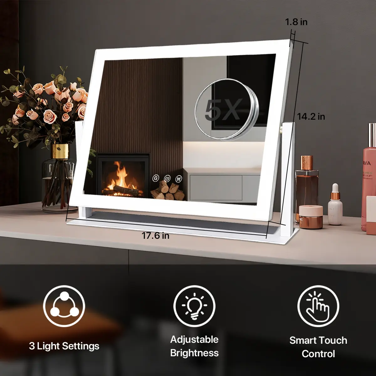 GALENTAL Classic LED Lighted Vanity Mirror - 360° Adjustable Viewing Angles, Dimmable 3 Color Modes, Touch Screen Control, Light Memory Function, Adjustable Square White Desk Mirror