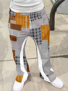 Men's Loose Fit 3D Vintage Plaid Patch Print Long Pants, Casual Streetwear Trousers, Casual Sporty Streetwear, Hip Hop Retro Style, All Seasons Patchwork