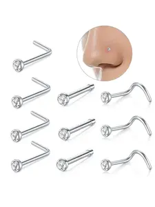 Fashionable Rhinestone Decor Nose Ring, 10pcs/set L-shaped Hook Shaped Straight Nose Stud, Stainless Steel Piercing Nose Jewelry Body Jewelry for Women & Men