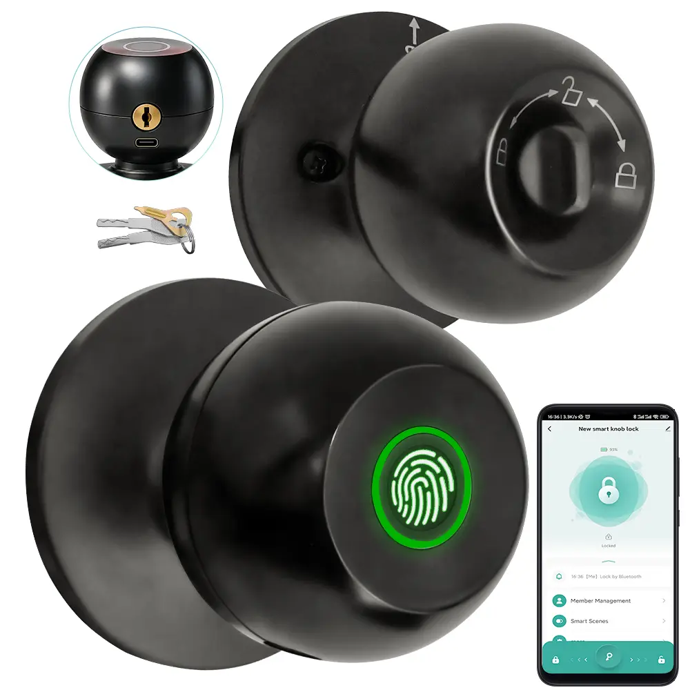 [Deals for You Days] Smart Door Lock Fingerprint 3-in-1 Door Knob TUYA App Control 5S Auto-Lock Built-in Cells Rechargeable  Replacement for Bedroom Offices Retrofit Condo Apartment International YouthDay keyless thumbprint entry door lock front