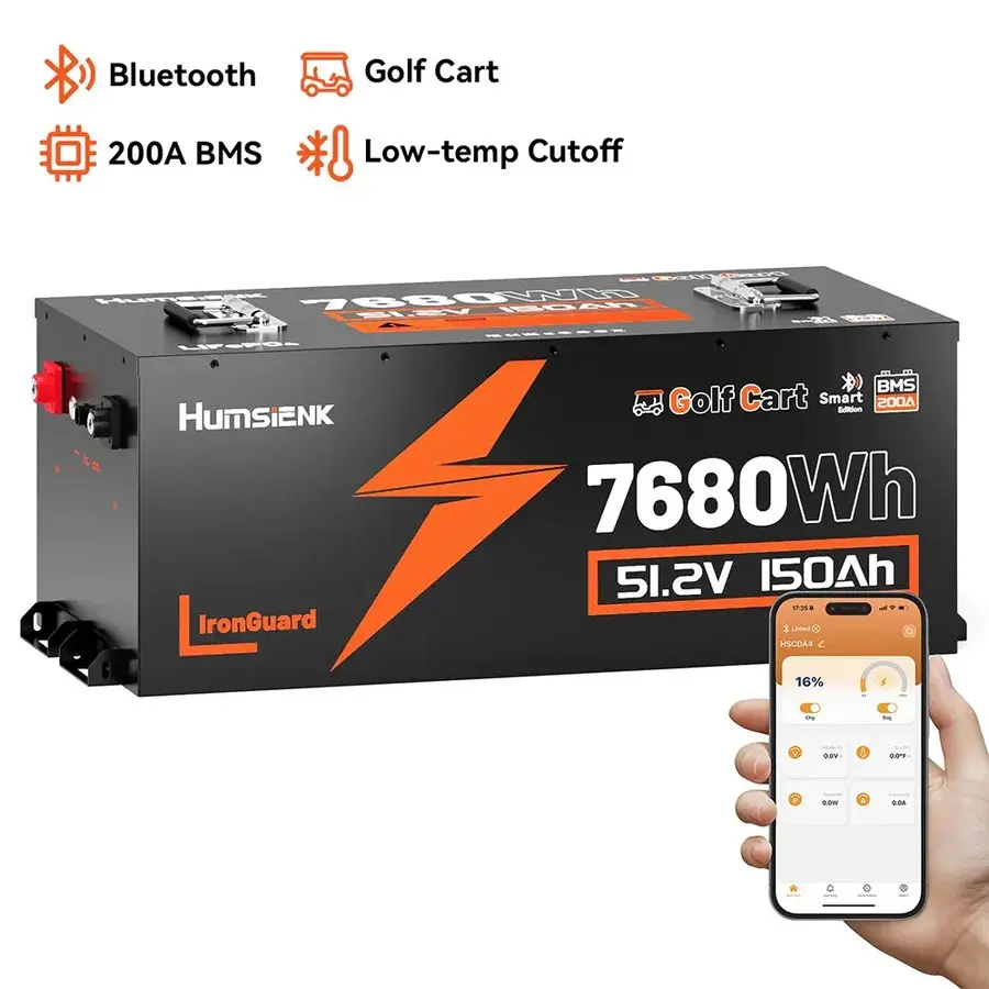【7.6kWh Battery】HumsiENK 48V 150Ah Golf Cart Battery with Blade Cell & Metal Case, LiFePO4 Lithium Battery with 200A BMS, Bluetooth APP & LCD Monitor, 15000+ Cycles, Peak Current 600A with Low-Temp Protection for Golf Carts