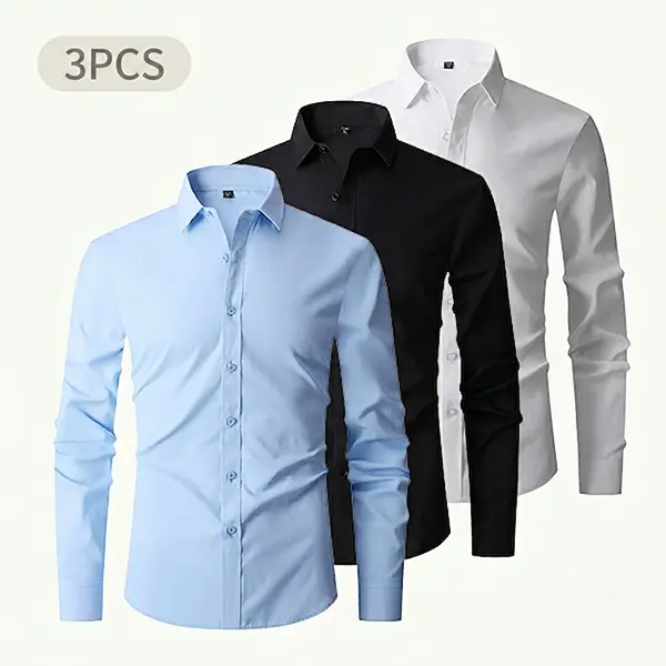 3PCS Men’s Dress Shirts, Long Sleeve Slim Fit Button-Down Shirt Pack — Solid Business Casual Men’s Clothing Tops Multipack